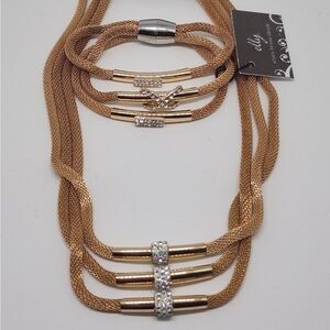 Triple Strand Gold Necklace with Crystal Detailing with bracelet